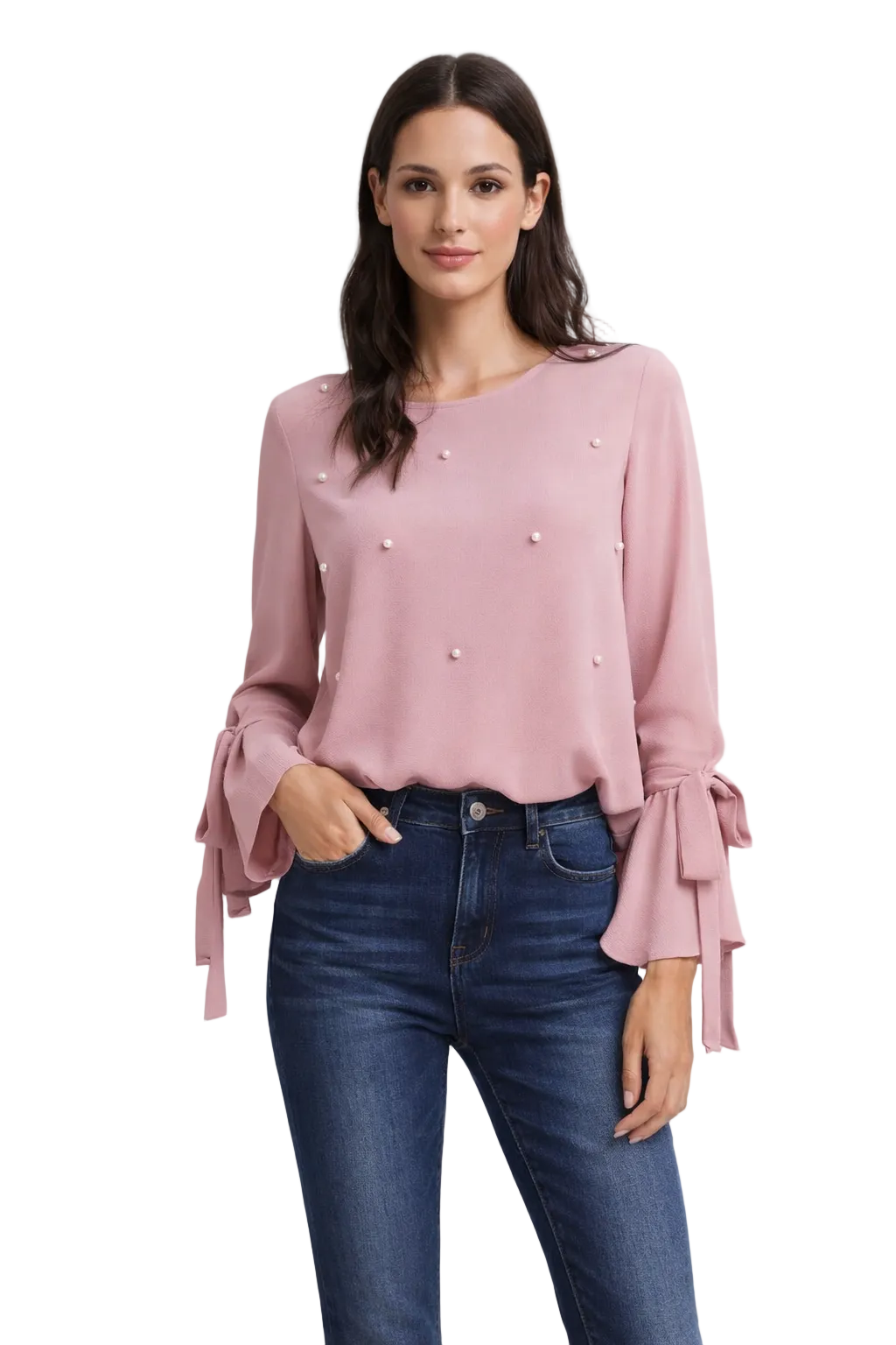 Pink Long Sleeve Blouse with Pearl-Style Embellishments
