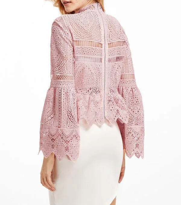Pink Long Sleeve Lace Top with Scalloped Hem