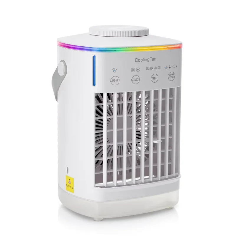 White mini air cooler fan with front grille and multicolor LED top ring