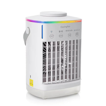 White mini air cooler fan with front grille and multicolor LED top ring