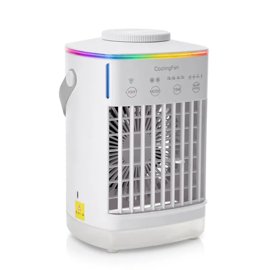 White mini air cooler fan with front grille and multicolor LED top ring