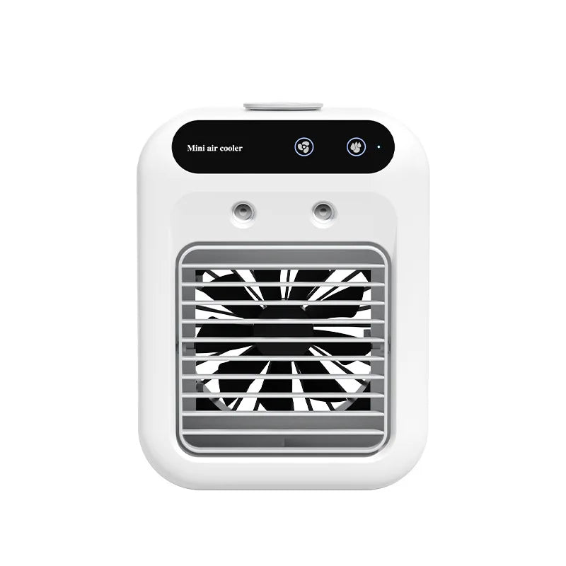 Mini desktop air cooler with front vent grille and top lid, white body