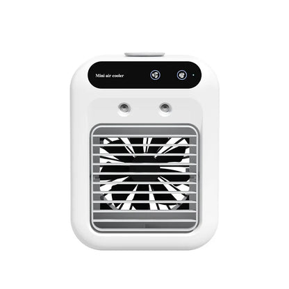 Mini desktop air cooler with front vent grille and top lid, white body