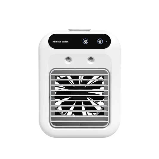 Mini desktop air cooler with front vent grille and top lid, white body