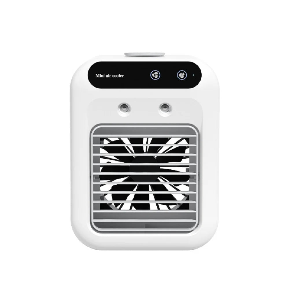 Mini air cooler fan unit with control buttons and front vent grille, white