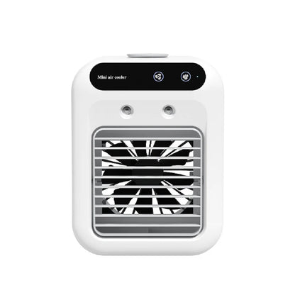 Mini air cooler fan unit with control buttons and front vent grille, white