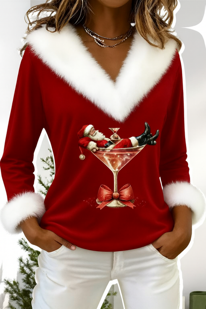 Red plush V-neck festive sweater with white trim, long sleeves, cocktail graphic at chest