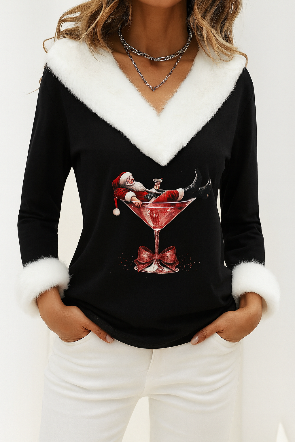 Black plush V-neck festive sweater with white trim and cuffs, long sleeves, cocktail graphic