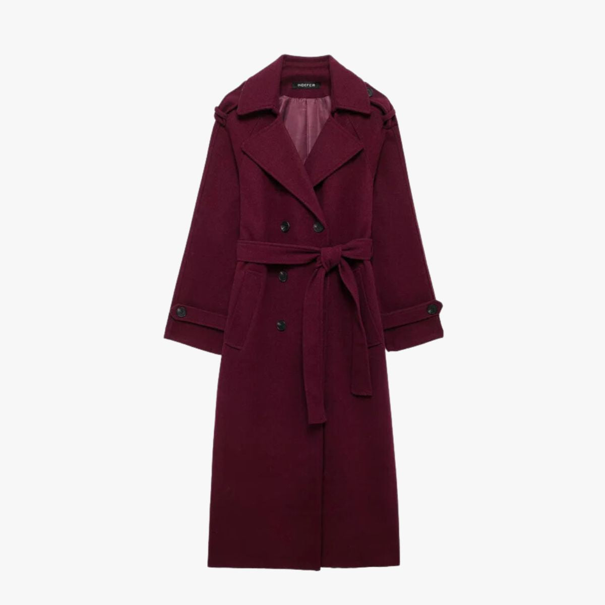 Burgundy belted trench coat with double-breasted lapels and button cuffs