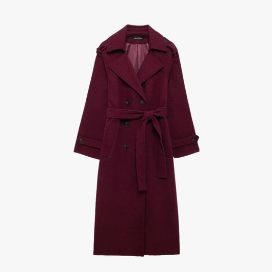 Burgundy belted trench coat with double-breasted lapels and button cuffs