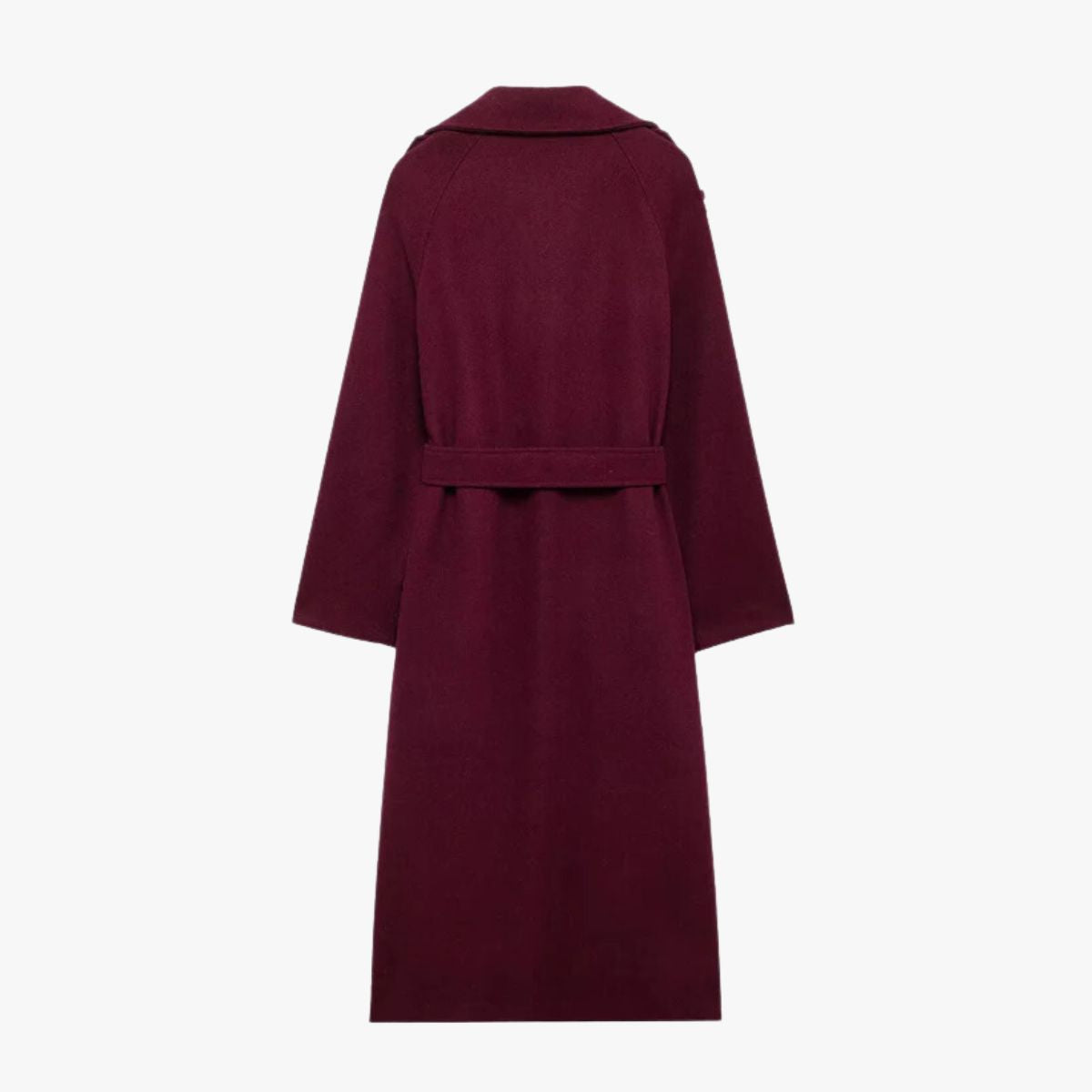Burgundy long trench coat with back yoke and self-belt at waist