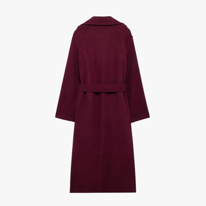 Burgundy long trench coat with back yoke and self-belt at waist