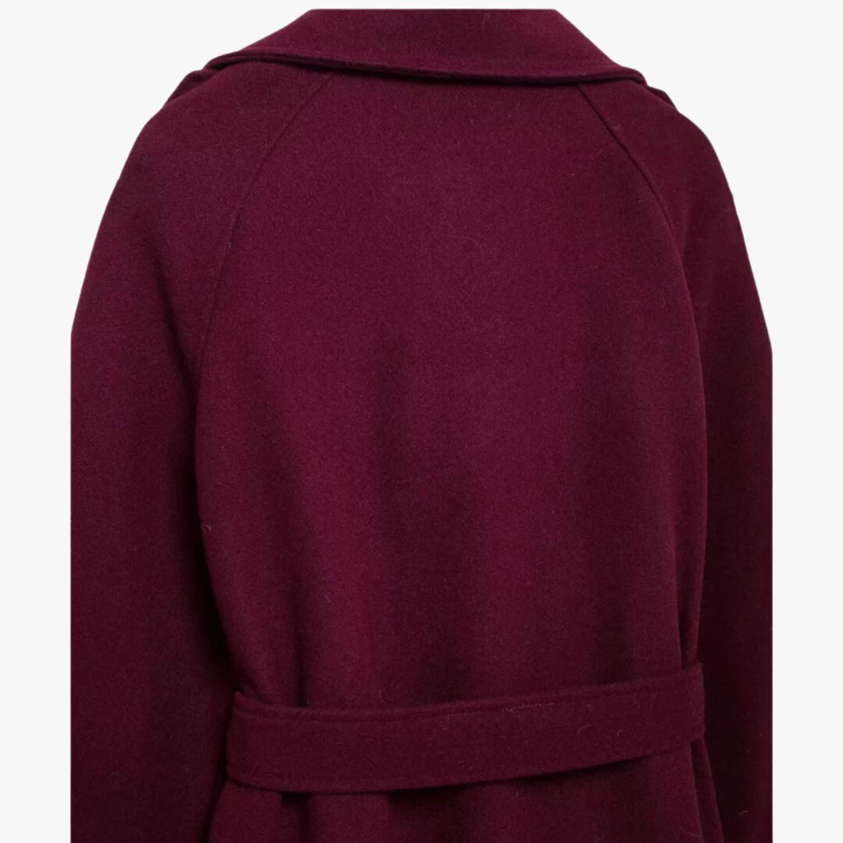 Burgundy trench coat back view with wide belt and structured yoke