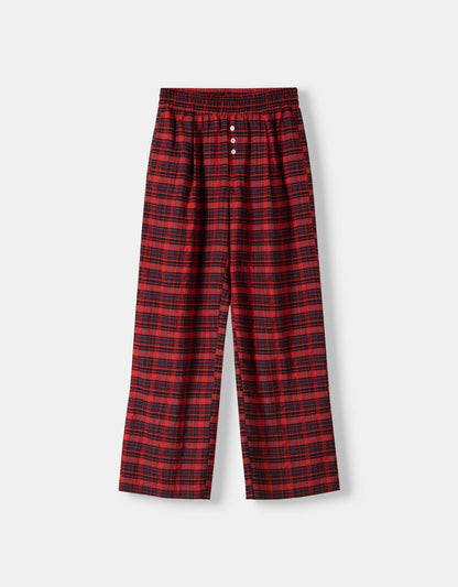 Red and Black Plaid Wide-Leg Trousers