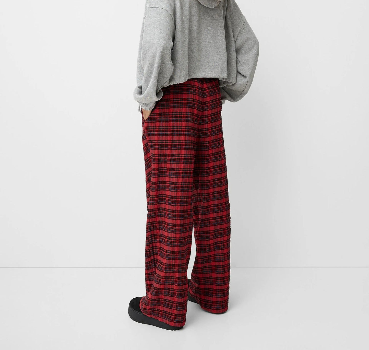 Red and Black Plaid Wide-Leg Trousers