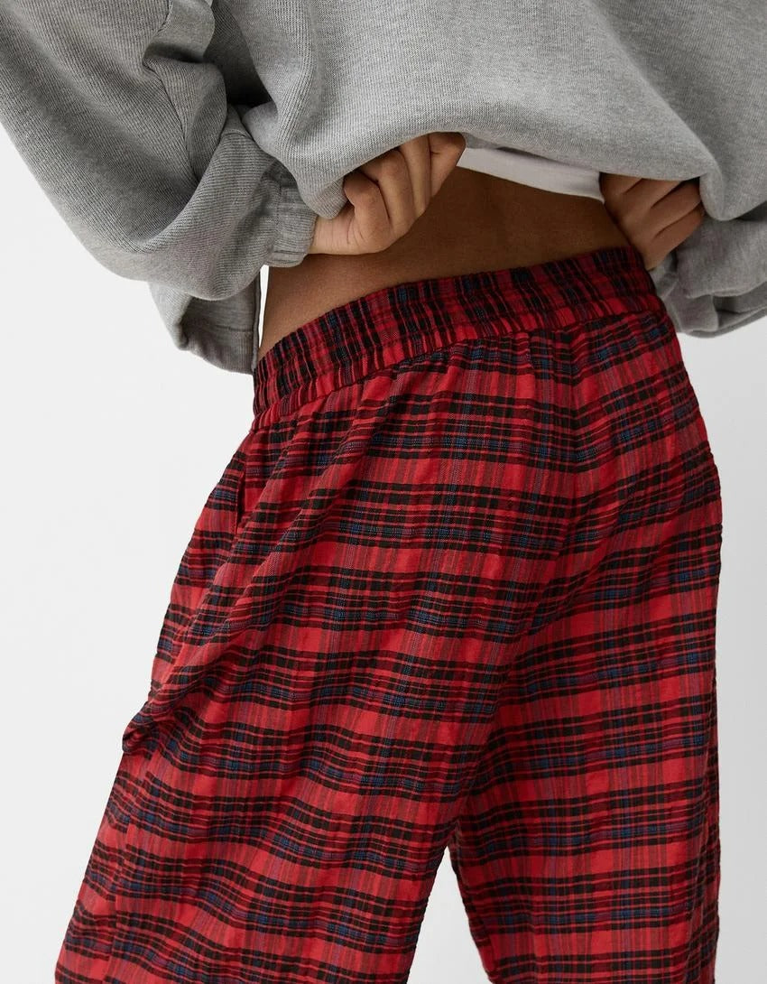 Red and Black Plaid Wide-Leg Trousers