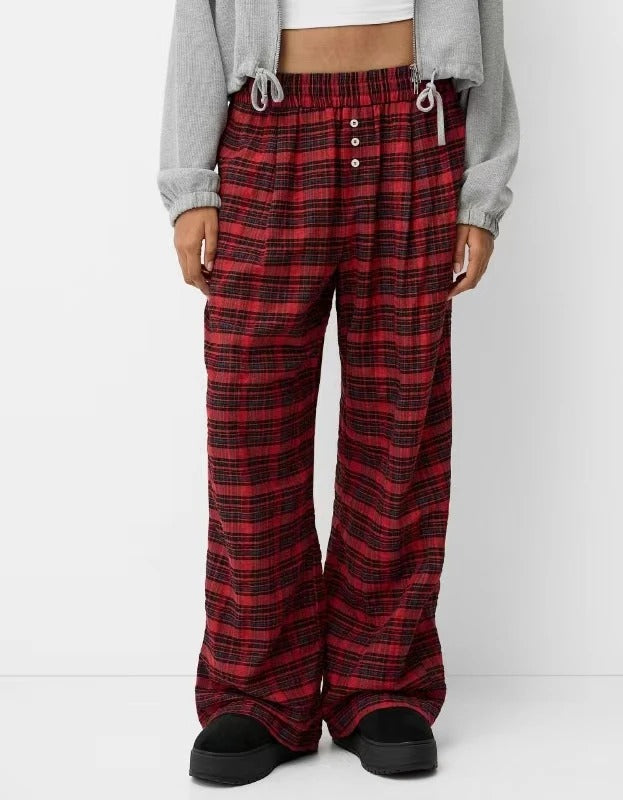 Red and Black Plaid Wide-Leg Trousers
