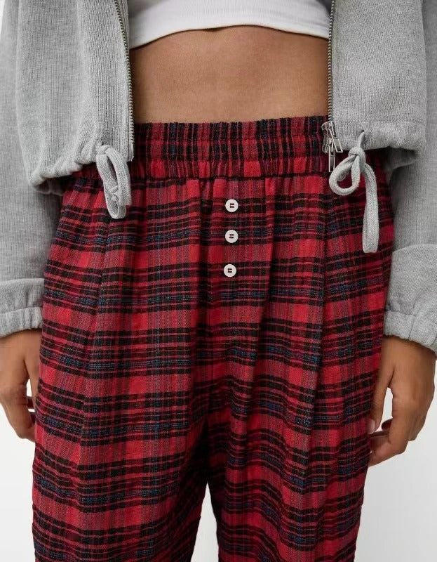 Red and Black Plaid Wide-Leg Trousers