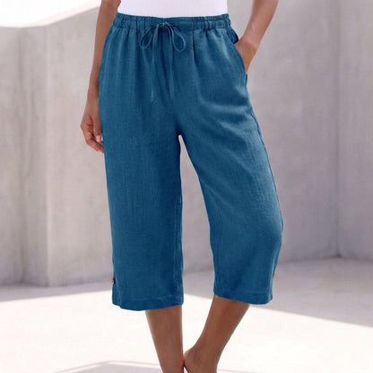 Relaxed-fit drawstring waist capri pants in teal-blue, calf-length, side pockets