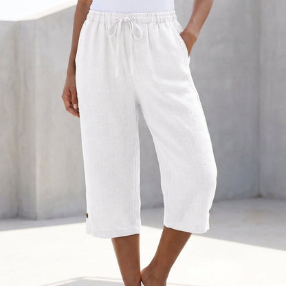Women's relaxed-fit capri pants with drawstring waist, white