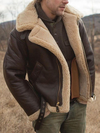 Men's aviator leather jacket with tan shearling trim, zip front, and chest pocket detail