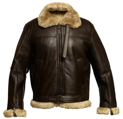 Men's dark leather aviator jacket with tan shearling collar, center zip, and sherpa cuffs