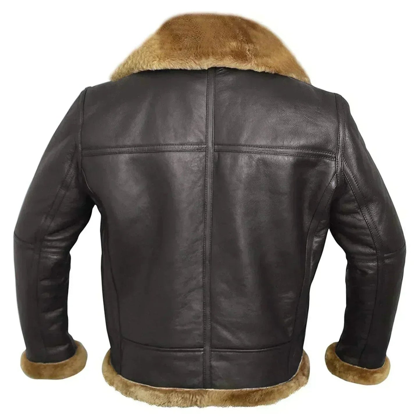 Men's dark leather aviator jacket with tan shearling lining, back panel, and zip seam