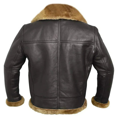 Men's dark leather aviator jacket with tan shearling lining, back panel, and zip seam
