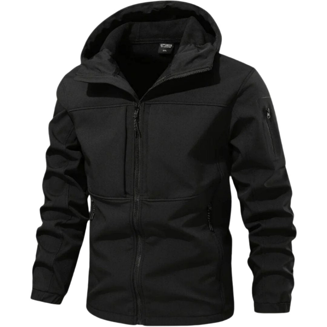 Men's waterproof softshell jacket, black, zip-front hood and stand collar