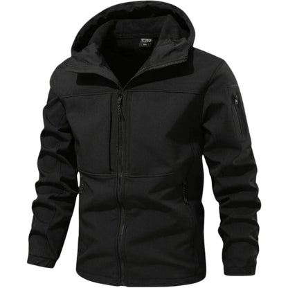 Men's waterproof softshell jacket, black, zip-front hood and stand collar