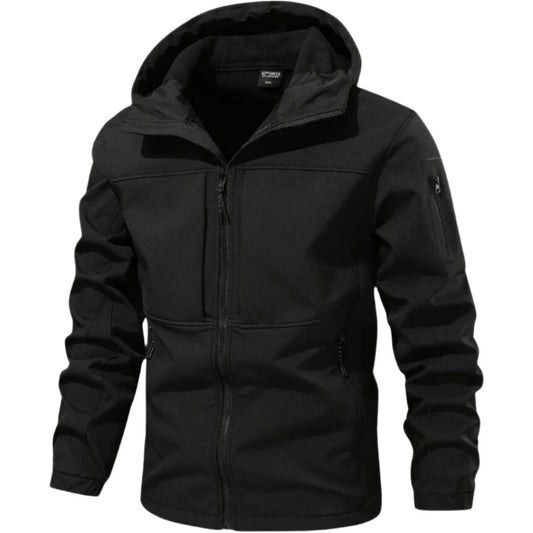 Men's waterproof softshell jacket, black, zip-front hood and stand collar
