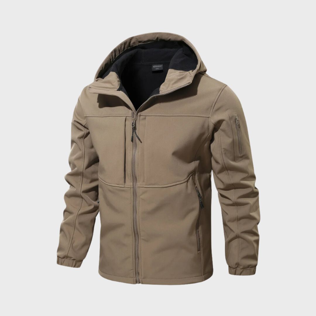 Men's waterproof softshell jacket, khaki, zip-front hood with drawstring