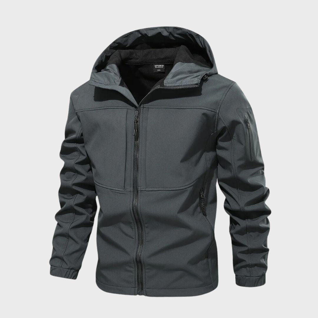 Men's waterproof softshell jacket, dark gray, zip-front hood and chest seam
