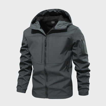 Men's waterproof softshell jacket, dark gray, zip-front hood and chest seam