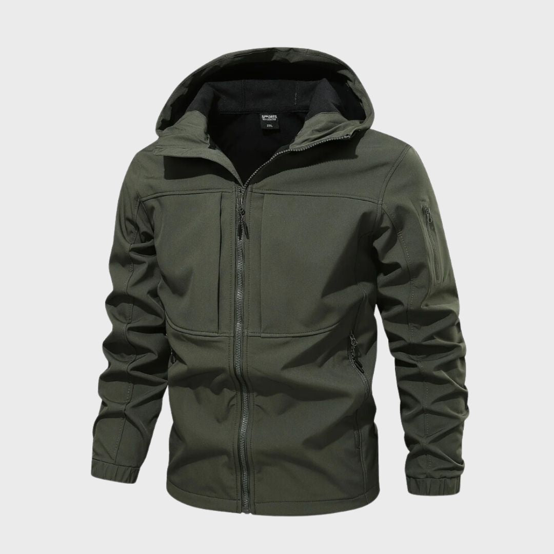 Men's waterproof softshell jacket, olive green, zip-front hood and side pockets