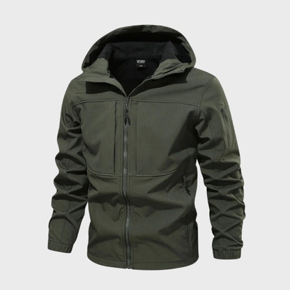 Men's waterproof softshell jacket, olive green, zip-front hood and side pockets