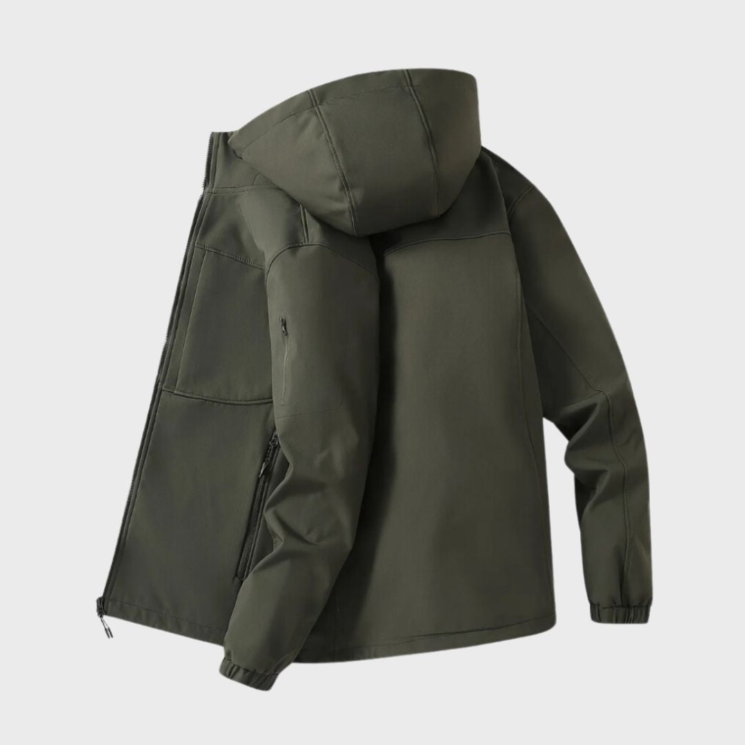 Olive green waterproof softshell jacket back view with hood