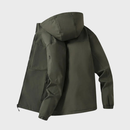 Olive green waterproof softshell jacket back view with hood