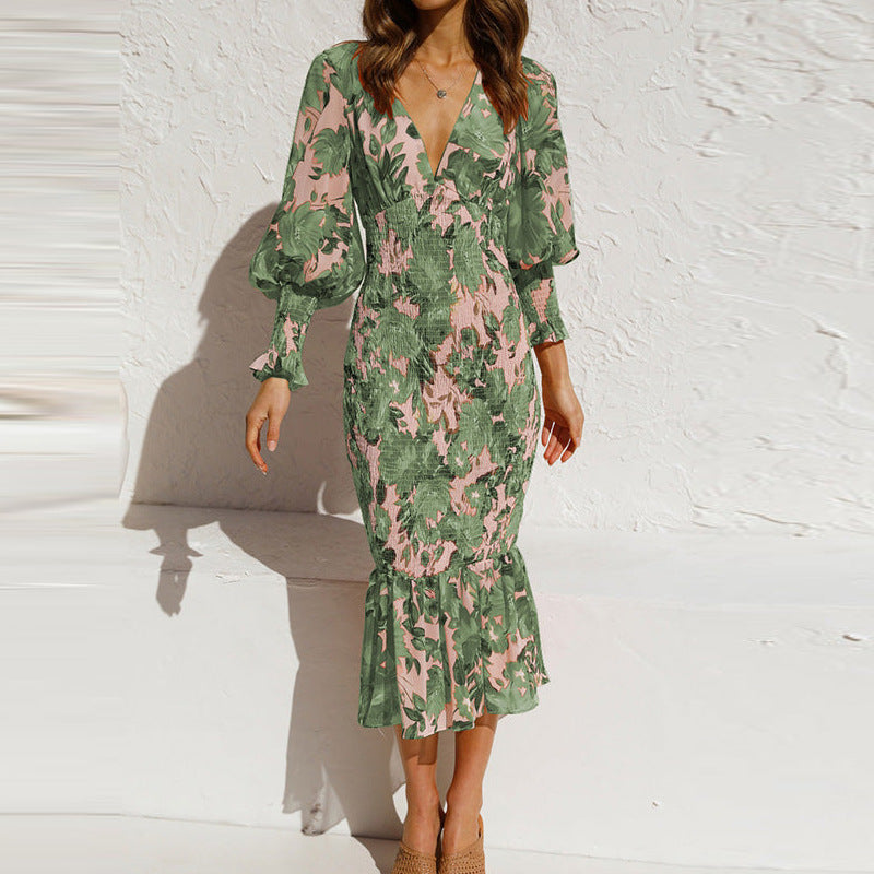 Green floral smocked midi dress, V-neck, puff sleeves, tiered hem
