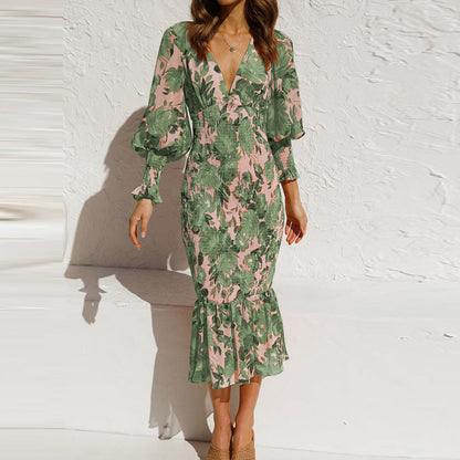 Green floral smocked midi dress, V-neck, puff sleeves, tiered hem