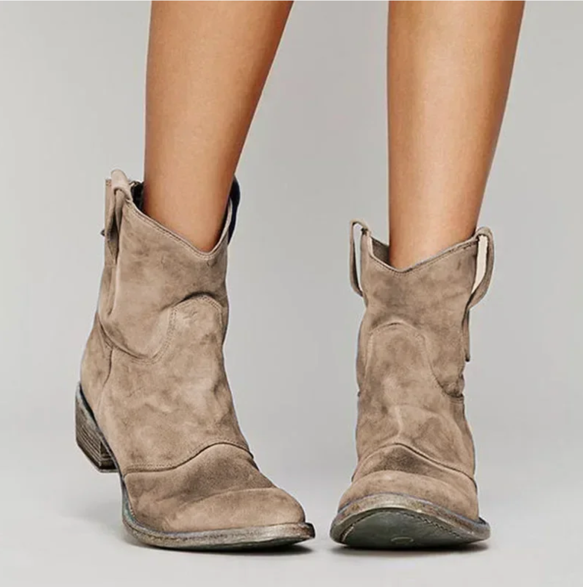 Women's suede western ankle boots, taupe pull-on with stacked heel.