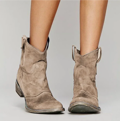 Women's suede western ankle boots, taupe pull-on with stacked heel.