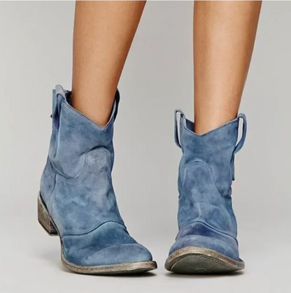Women's suede western ankle boots, blue pull-on with stacked heel.