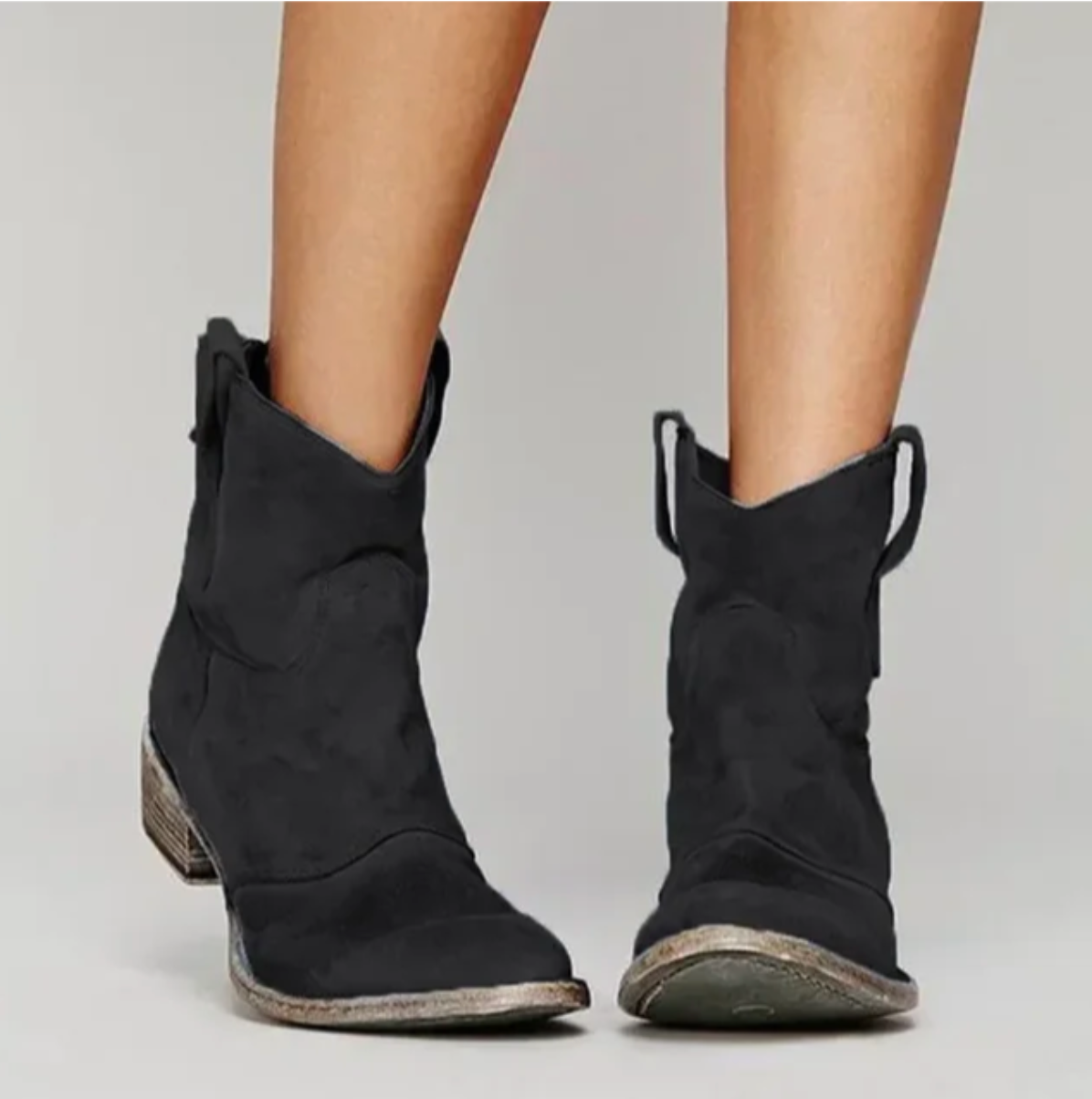 Women's suede western ankle boots, black pull-on with stacked heel.