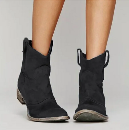 Women's suede western ankle boots, black pull-on with stacked heel.