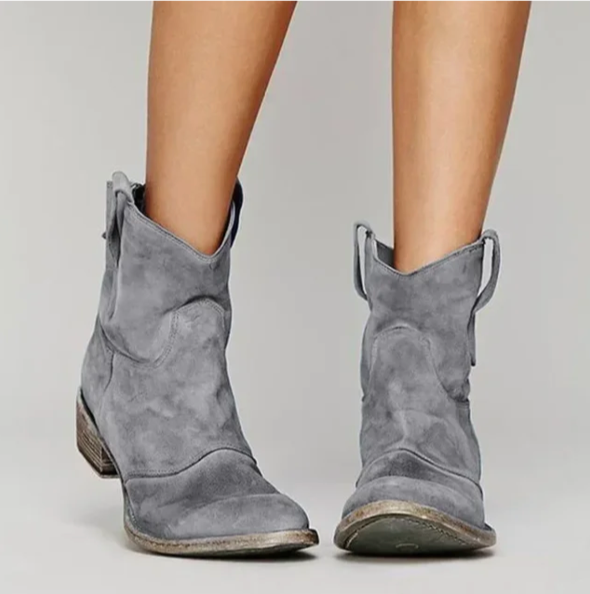 Women's suede western ankle boots, gray pull-on with stacked heel.