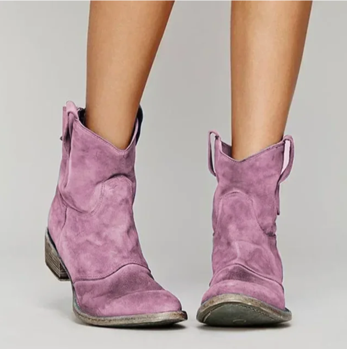 Women's suede western ankle boots, mauve/pink pull-on with stacked heel.
