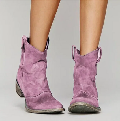 Women's suede western ankle boots, mauve/pink pull-on with stacked heel.