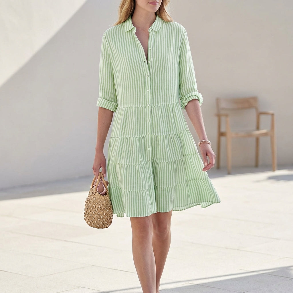 Green striped tiered shirtdress with button front and three-quarter sleeves