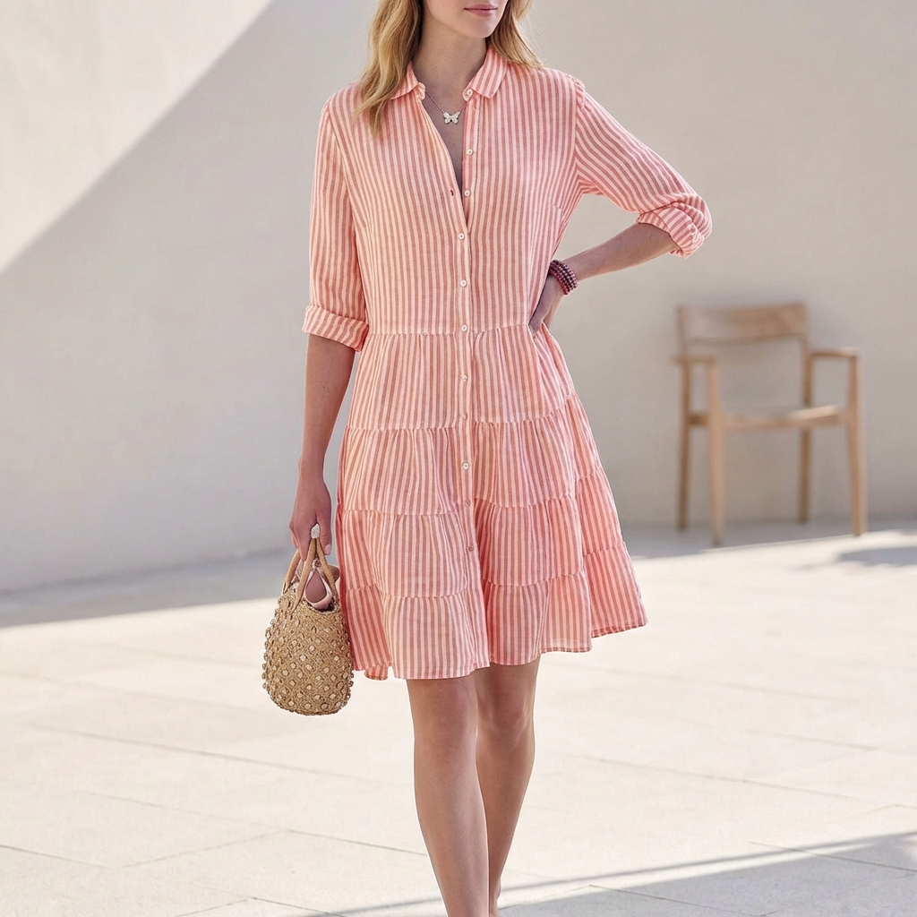Pink striped tiered shirtdress with button front and three-quarter sleeves